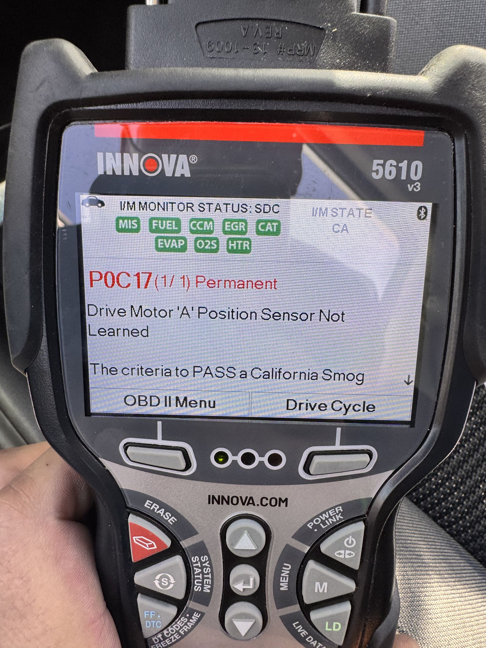 Scan tool showing a permanent drive-motor fault code found during inspection