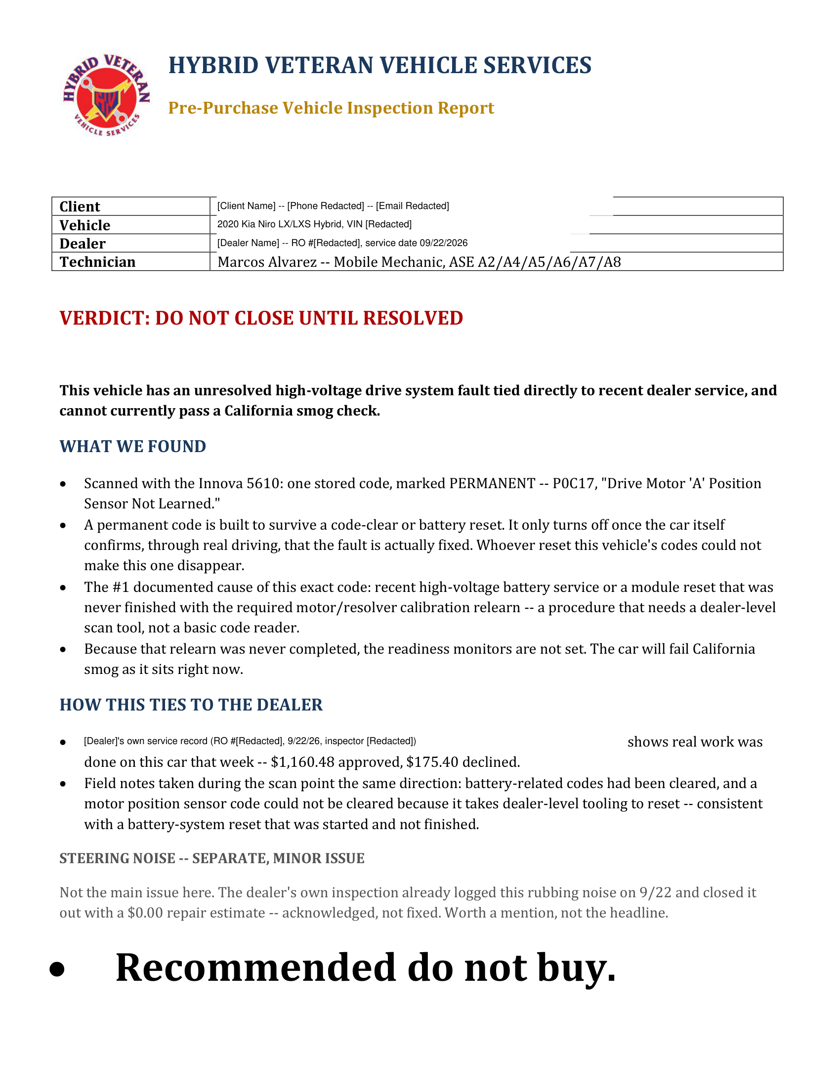 Hybrid Veteran inspection report, page 1
