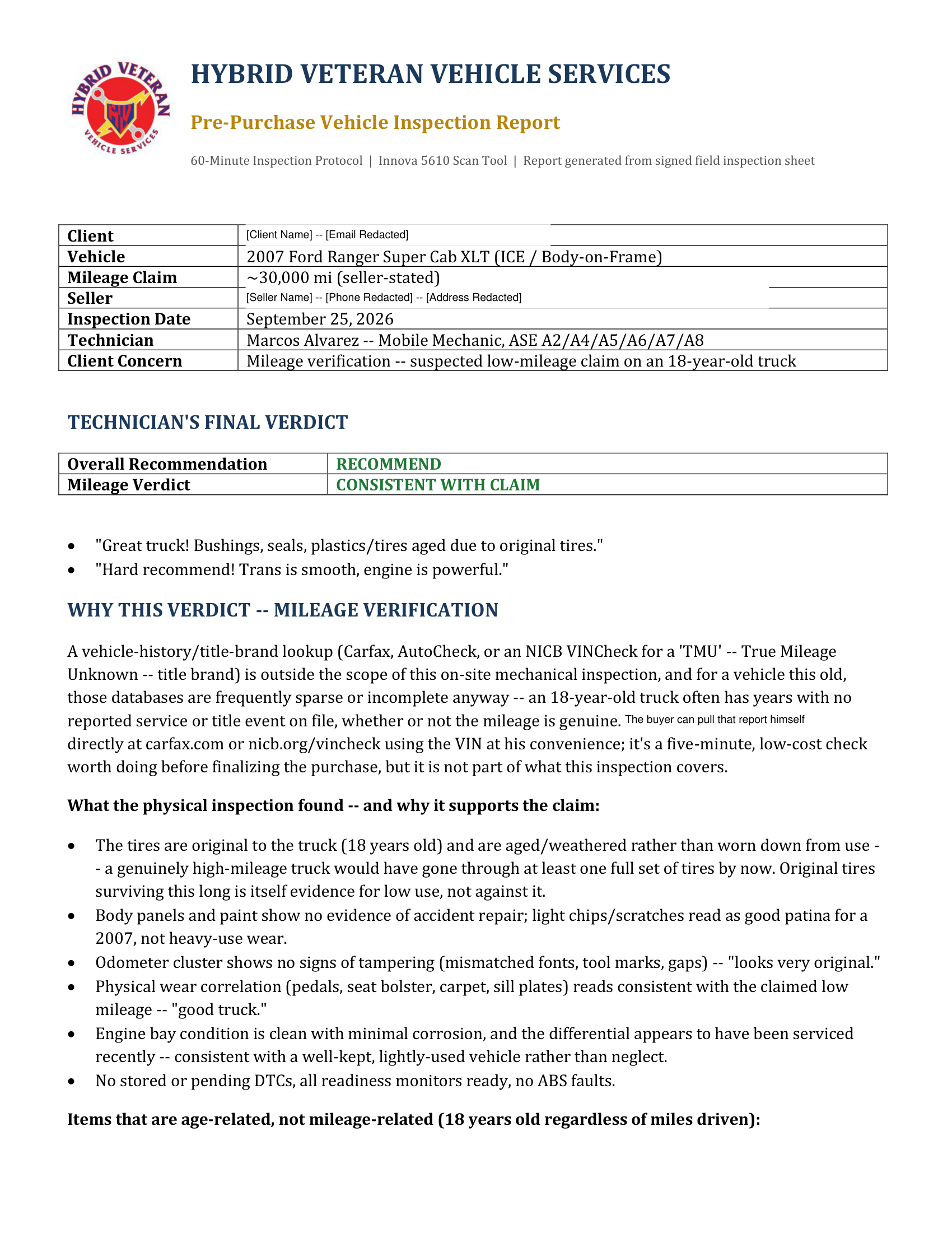 Hybrid Veteran inspection report, page 1