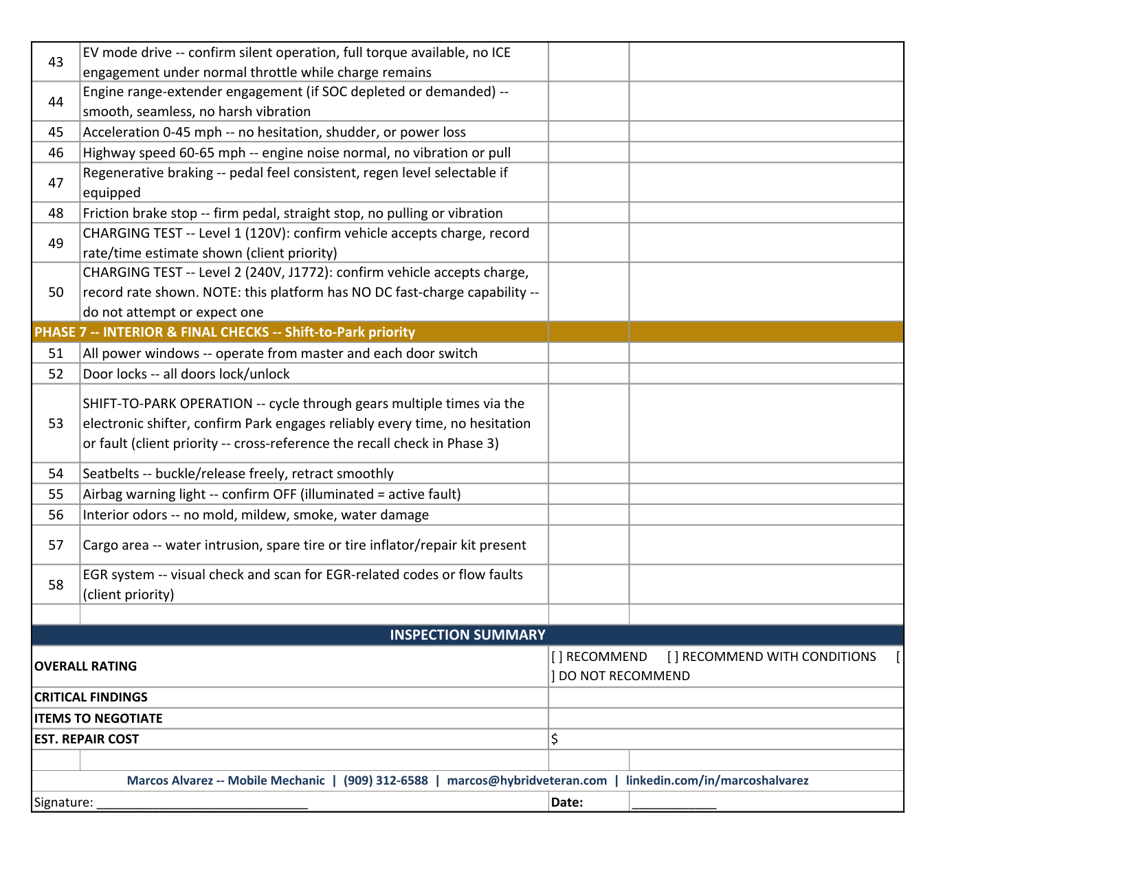 Hybrid Veteran inspection sheet, page 4